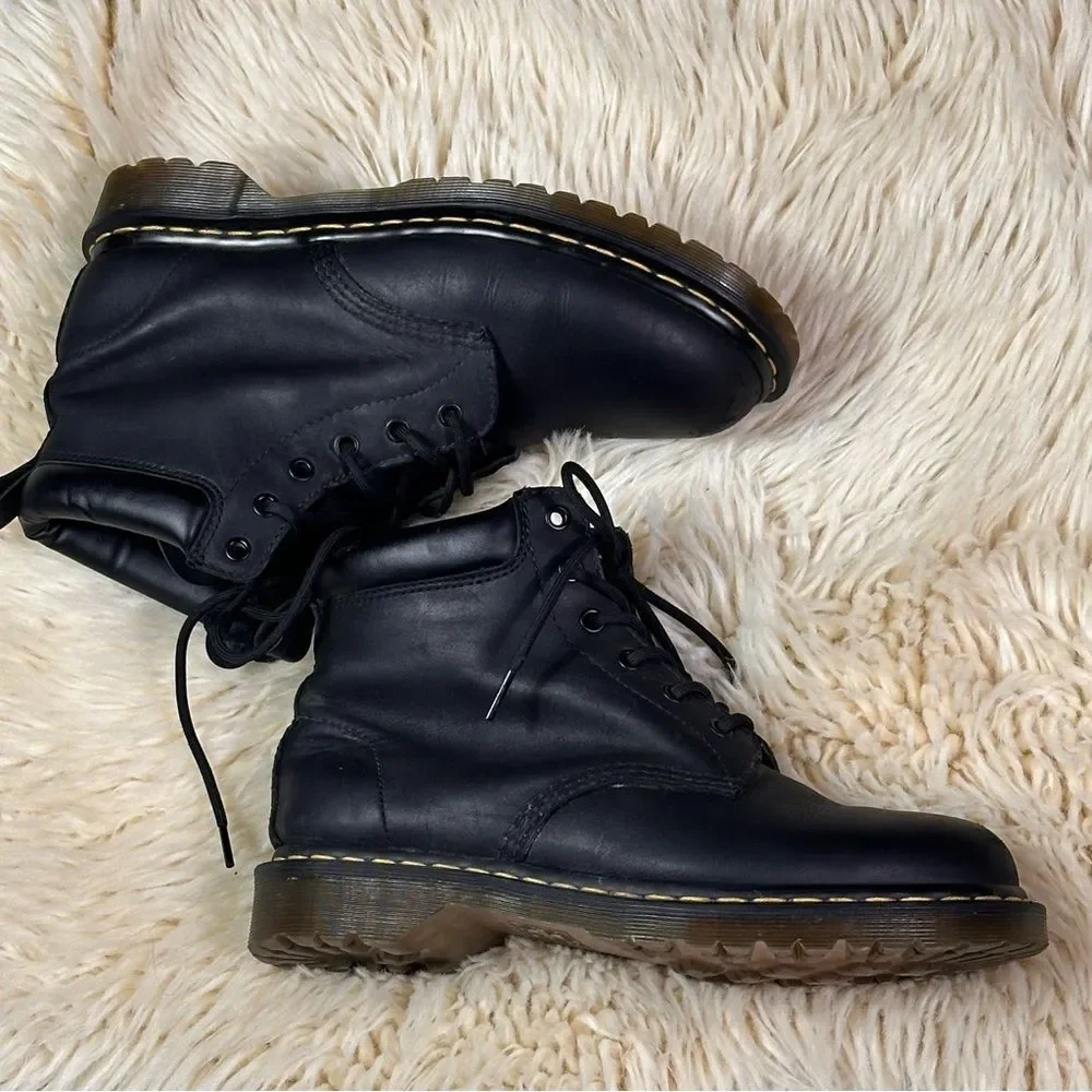 Dr. Martens Black Leather Lace-Up Ankle Boots with Yellow Stitching